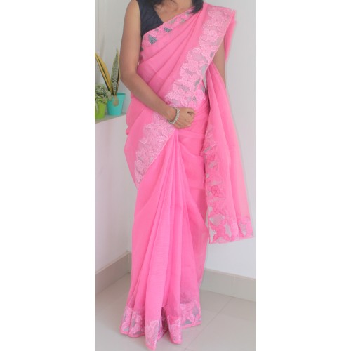 Bright pink full border silky kota saree